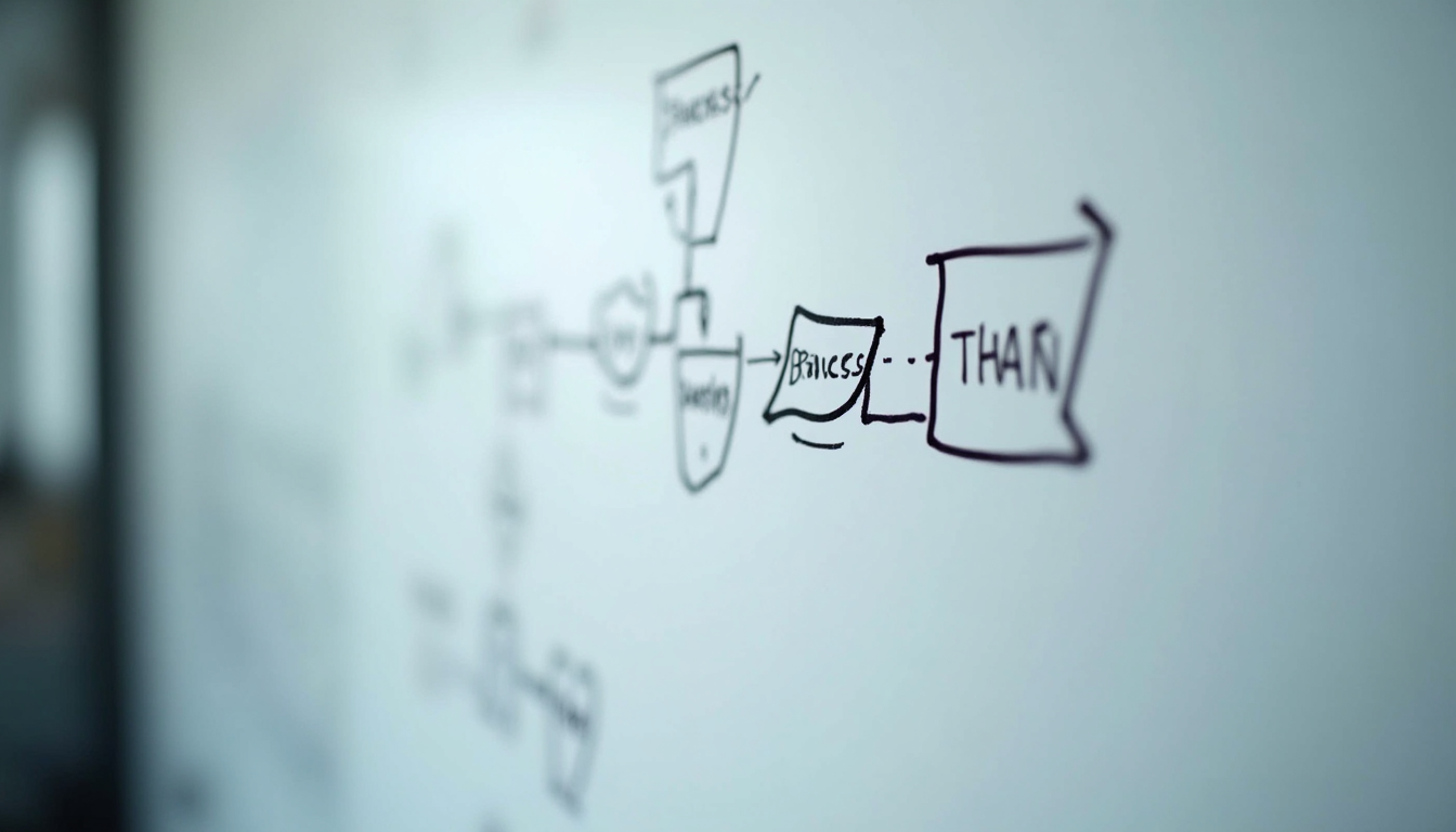 Close-up view of a process flowchart on a whiteboard