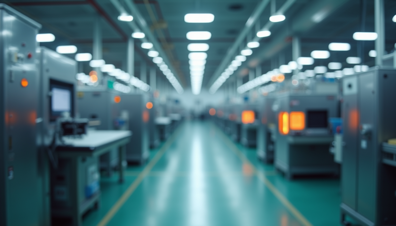 Eye-level view of a manufacturing floor with automated quality inspection machines