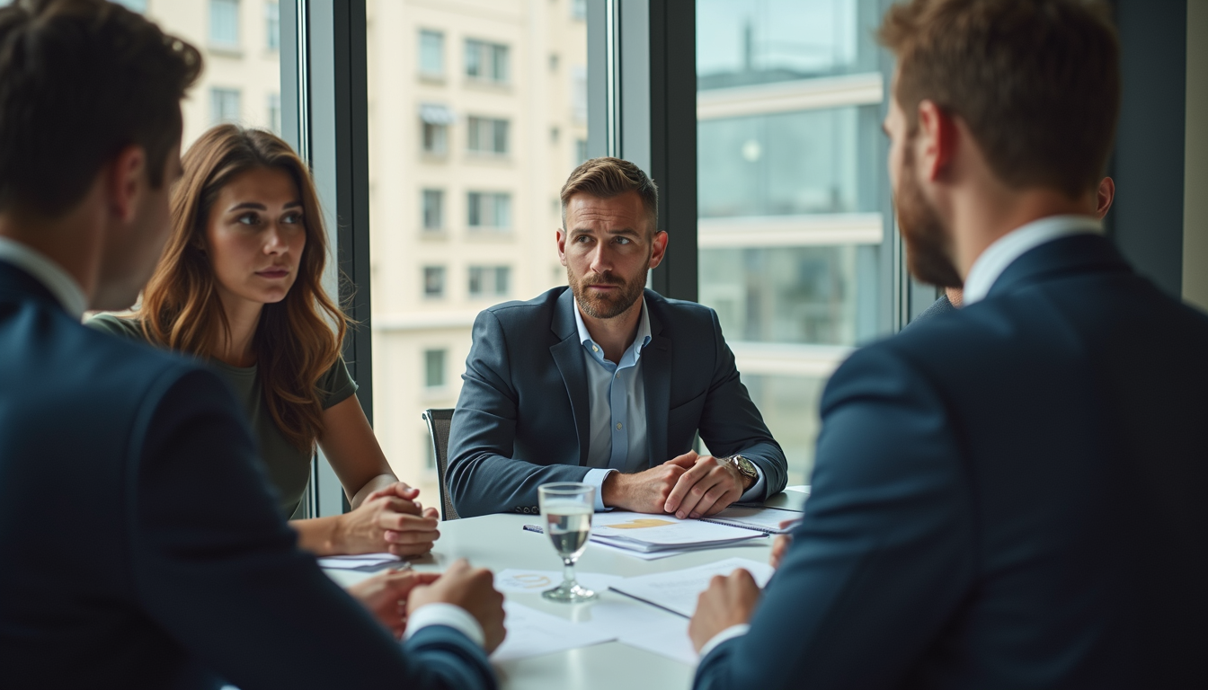 Business team collaborating on leadership strategy in a modern office